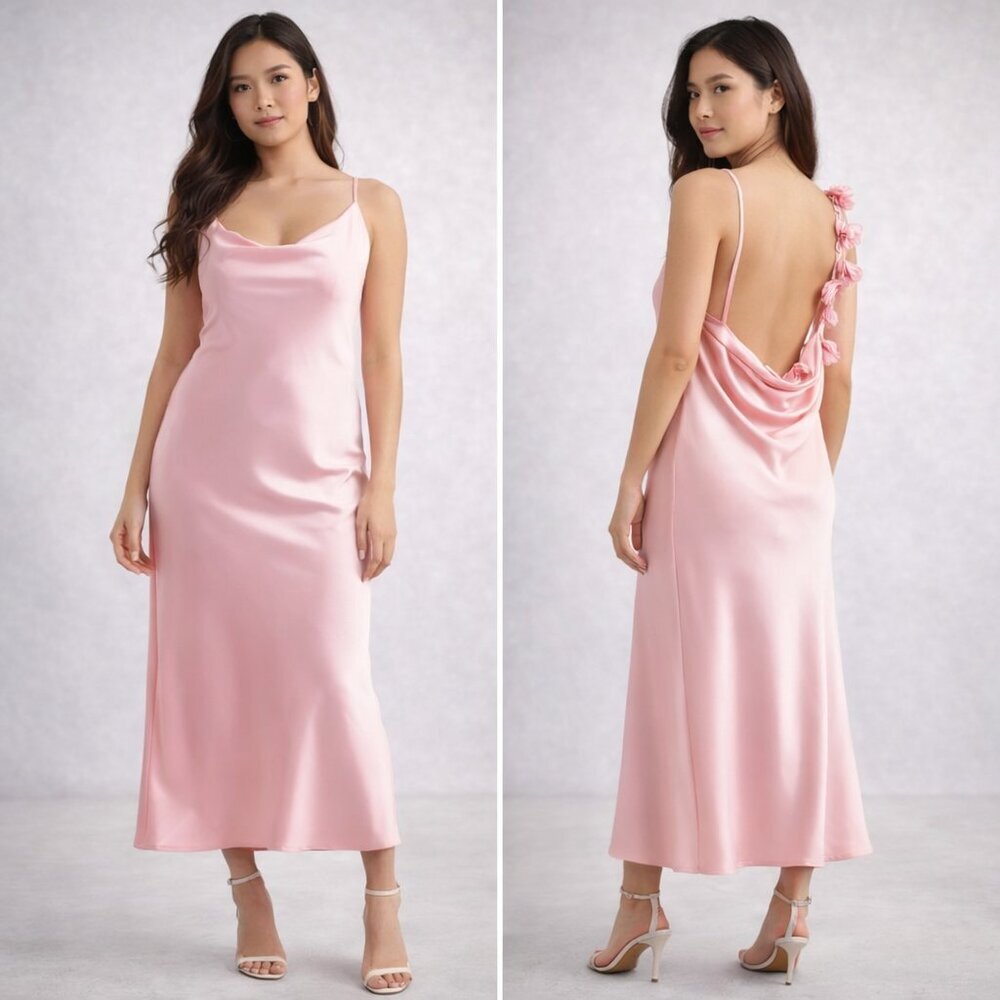 Lulus Pandora Flower Satin Slip Dress Pink Cowl Back Maxi NWT